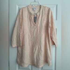 Kenar 100% Linen Peach Sleeve Split Neck Top with Metallic Embroidery Size Large